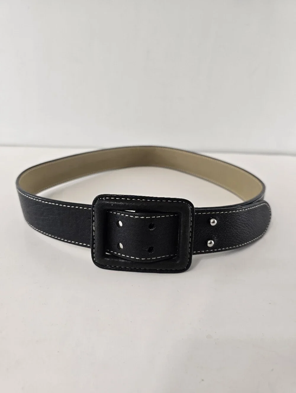 Talbots Pebbled Leather Wide Push Button Square Rectangle Buckle Belt Black Sz S
